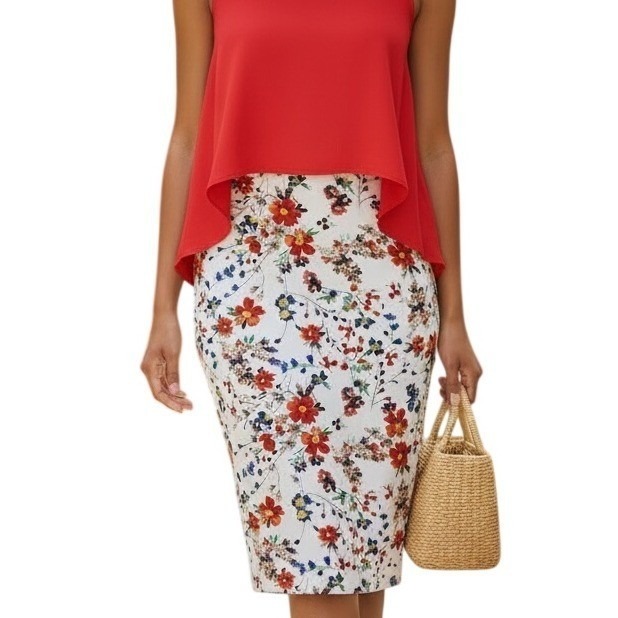 Express Floral High Waisted White Red Blue Pencil Skirt Size 6
